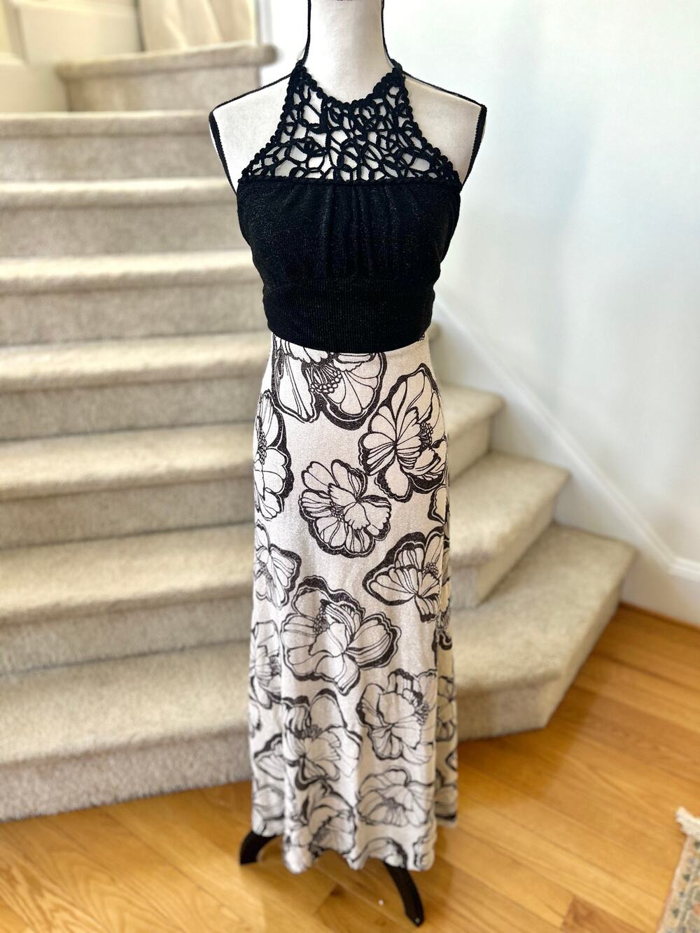 Vintage 70s Black Ribbed Metallic Knit Crochet Top Floral Maxi Skirt